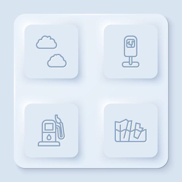 设云线、垃圾桶线、加油站线、冰川融化线。白色正方形按钮。向量图片下载