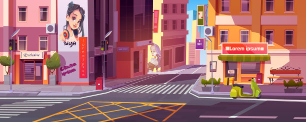 城市街道上有房子和摩托车图片下载