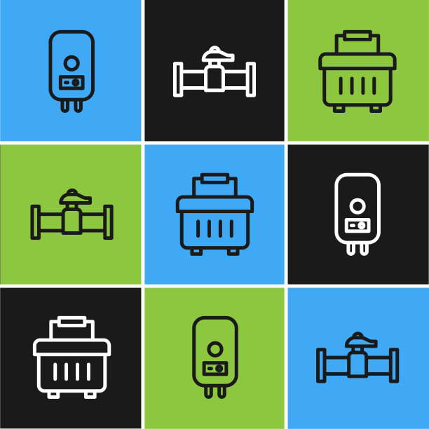 设置电气锅炉、工具箱、工业管道和阀门图标。向量图片下载