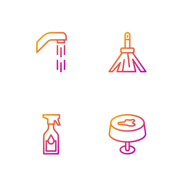 在桌布、清洁喷瓶、淋浴喷头和扫帚上设置线条污渍。渐变颜色图标。向量图片下载