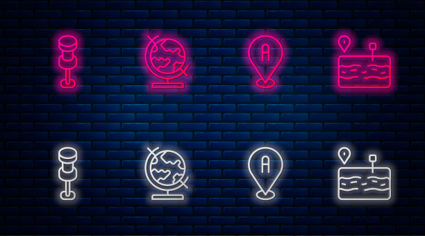设置线路地球仪，位置，推销和破路。砖墙上发光的霓虹灯图标。向量图片下载