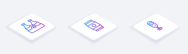 设置香槟瓶、啤酒罐和香槟杯等距线。白色正方形按钮。向量图片下载