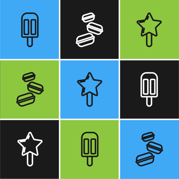 设置线冰淇淋，棒棒糖和马卡龙饼干图标。向量图片下载