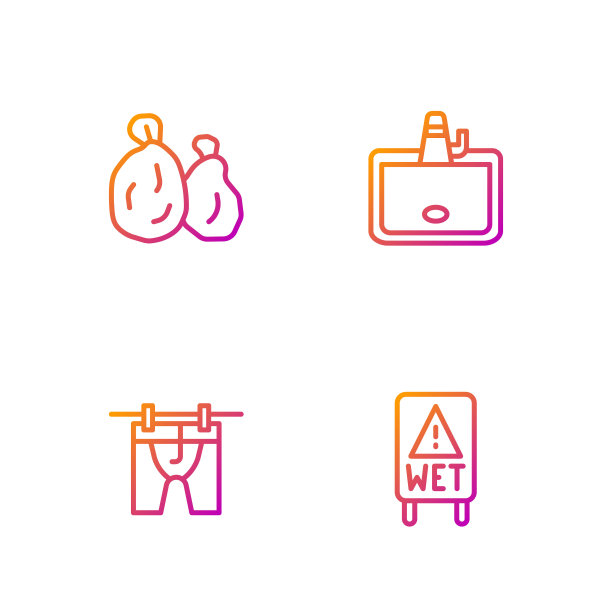 湿地板、烘干衣物、垃圾袋、脸盆。渐变颜色图标。向量图片下载