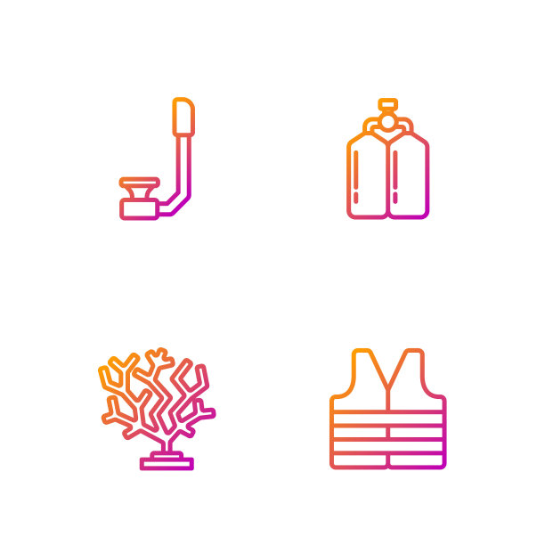 设置线救生衣，珊瑚，通气管和水。渐变颜色图标。向量图片下载