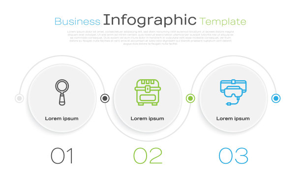 设置线条放大镜，古董宝箱和虚拟现实眼镜。业务信息模板。向量图片下载
