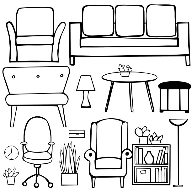 家居素描的家具、灯具和植物图片下载
