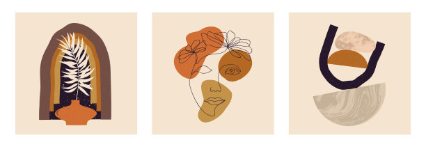 现代抽象当代美学背景与几何平衡形状，楼梯，植物，盆。时尚的中世纪现代艺术海报版画，波西米亚极简主义的墙壁装饰图片下载