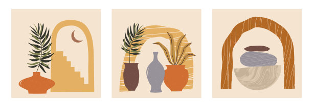 现代抽象当代美学背景与几何平衡形状，楼梯，植物，花盆。时髦的中世纪现代艺术海报印刷，波西米亚简约的墙壁装饰图片下载