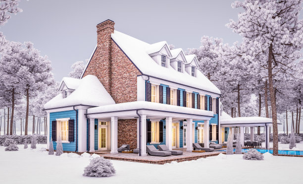 3d渲染的现代古典住宅在冬天的晚上殖民风格图片下载