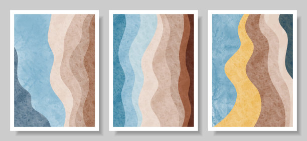 抽象的蓝色大海和沙滩，东方风格。极简主义的设计。抽象水彩画。矢量背景插图。图片下载