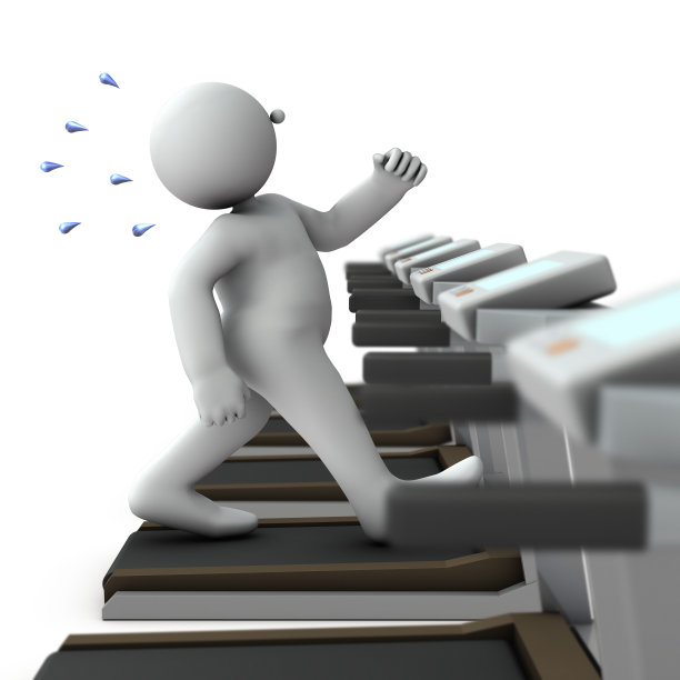 一个在跑步机上痛苦地奔跑的肥胖男子。白色背景。3 d渲染。图片下载