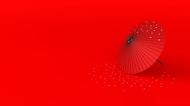 日本伞和樱花红色背景右3d渲染。jpg图片下载
