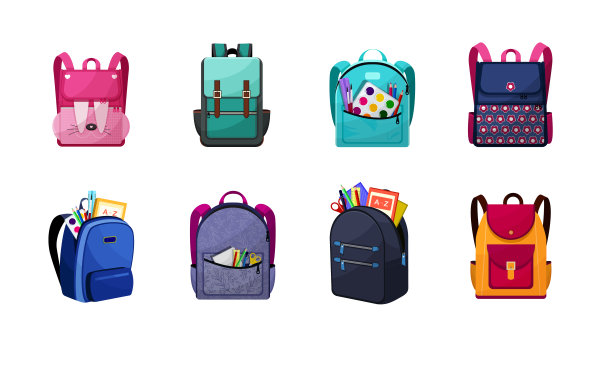 一套彩色儿童书包，书包里装着教育设备。矢量图图片下载
