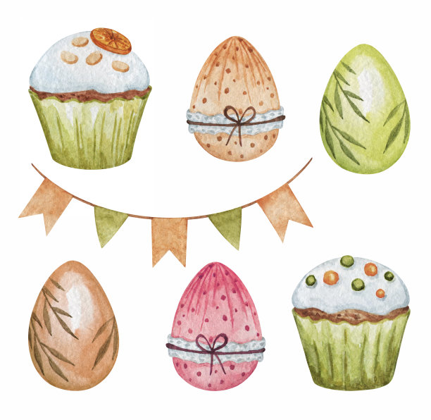 水彩复活节剪贴画，甜蜜的纸杯蛋糕剪贴画，复活节蛋孤立，春天剪贴画图片下载