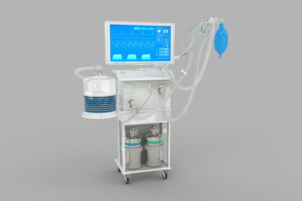 医学三维插图，ICU人工肺呼吸机与虚构设计孤立在灰色背景-停止冠状病毒概念图片下载