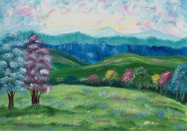 开花的树木和草地与粉色和蓝色王冠的背景山和森林。春天的风景。水彩插图图片下载