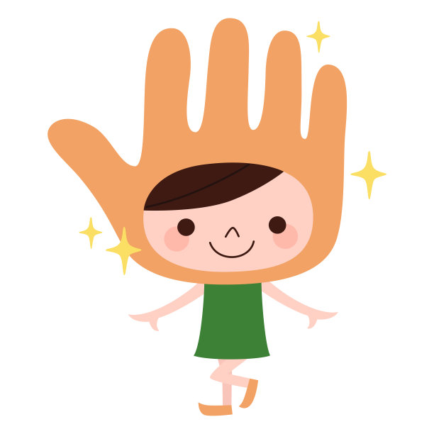 一个可爱的儿童角色的插图。这个女孩戴着一顶干净的手形头饰。图片下载