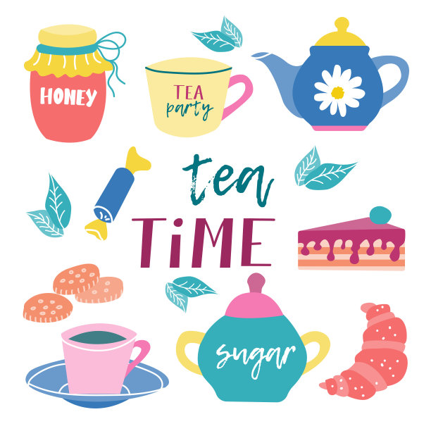 为茶会做准备。蜂蜜，杯子，茶壶，糖果，茶叶，蛋糕，羊角面包，糖碗，饼干。白色背景上鲜艳多汁的颜色图片下载