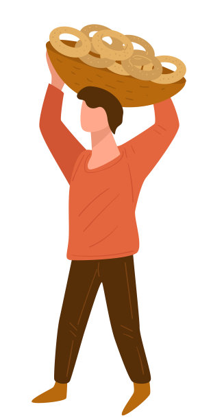 男主角拿着篮子里的烤面包卷走着图片下载