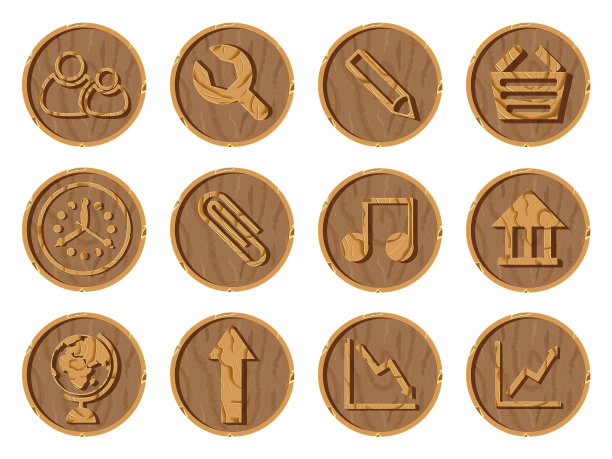 木制图标3d在一个圆形的木制背景部分图片下载