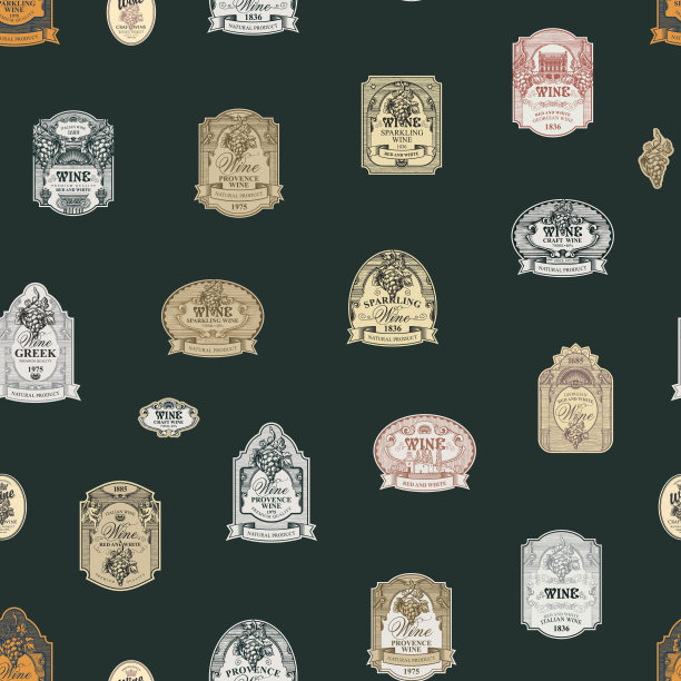 矢量无缝模式与各种葡萄酒标签图片下载