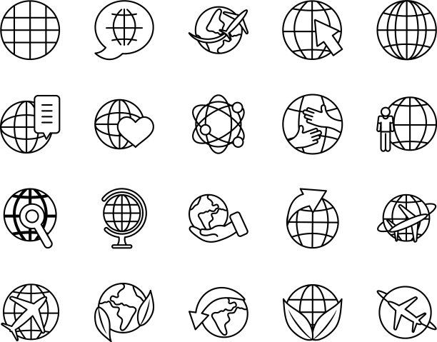 飞机和球形图标设置线条风格图片下载