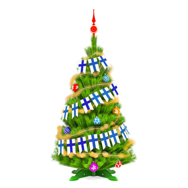 圣诞树与芬兰圣诞旗帜，3D渲染孤立在白色背景图片下载