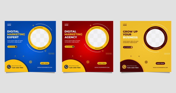 数字营销企业社交媒体张贴横幅模板。矢量图形广告模板集，带有圆形框架图片下载