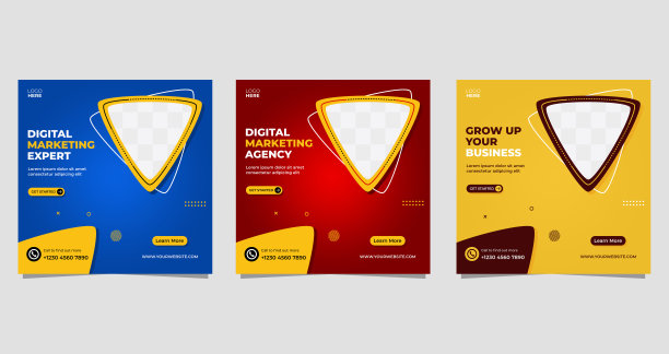 数字营销企业社交媒体张贴横幅模板。矢量图形广告模板集，带有三角形框架图片下载