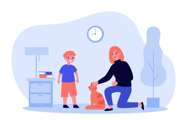 友善的妈妈一边抚摸着小猫一边和小儿子说话图片下载