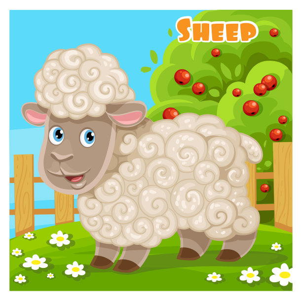 可爱的卡通绵羊在一个农场的背景图片下载