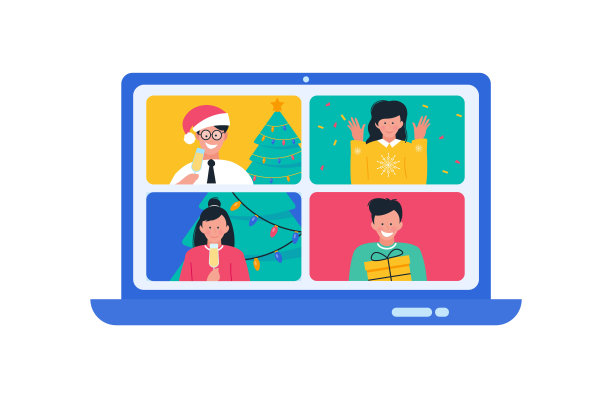在线的圣诞庆祝活动。由于冠状病毒，人们在圣诞节视频通话。图片下载