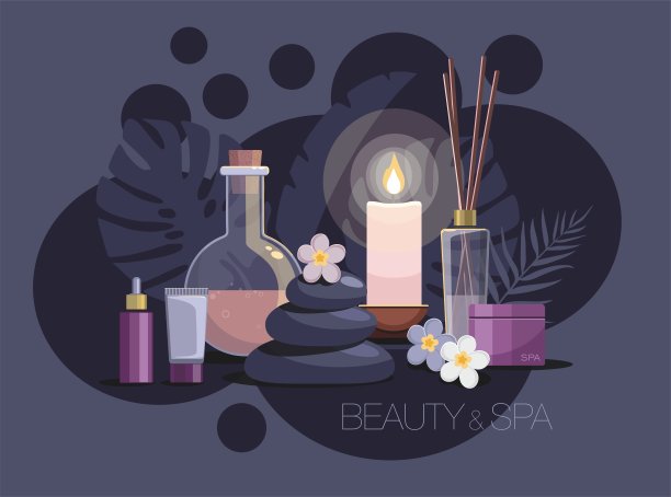 深色背景下的芳香疗法，水疗，美容治疗。瓶装天然油，热石头和鲜花。热带温泉度假的概念。图片下载