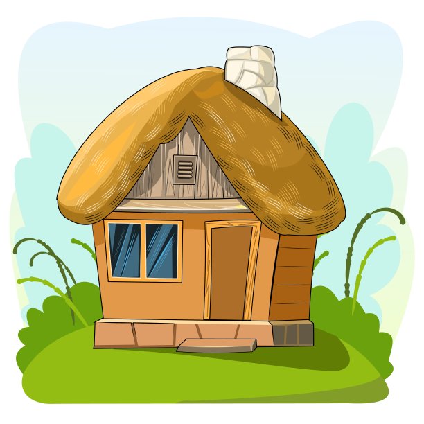 有茅草屋顶的旧房子。令人难以置信的卡通对象。可爱的孩子气的风格。古老的住宅。很小,很小。在一个抽象的背景上。孤立在白色的。向量图片下载
