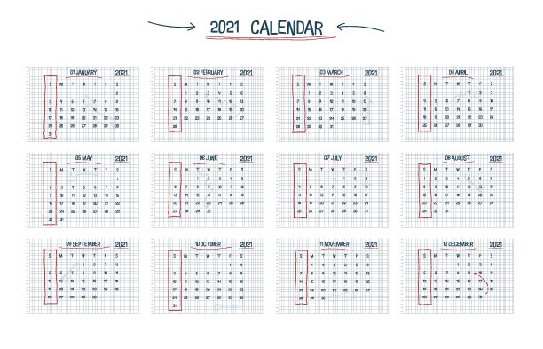 2021年日历手绘文本学校笔记风格，独立的格子笔记本表与线艺术箭头和框架。墙壁年历设计概念与手绘字体和元素图片下载