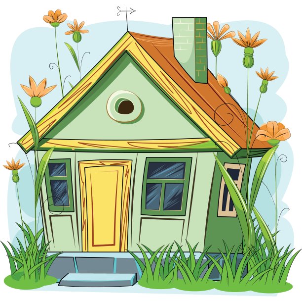 古老舒适的花园房子。令人难以置信的卡通对象。可爱的孩子气的风格。古老的住宅。很小,很小。以花为背景的风景。草地。孤立在白色的。向量图片下载