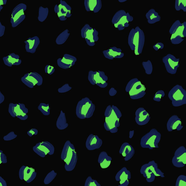 手绘绿色霓虹和深蓝动物，斑纹无缝模式上的黑色背景。印刷，包装，护照，文具，封面，壁纸设计。图片下载