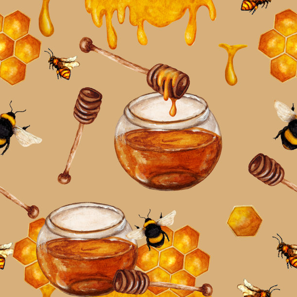 手工绘制的蜂蜜无缝图案，蜂巢与蜜蜂，重复食物图案图片下载