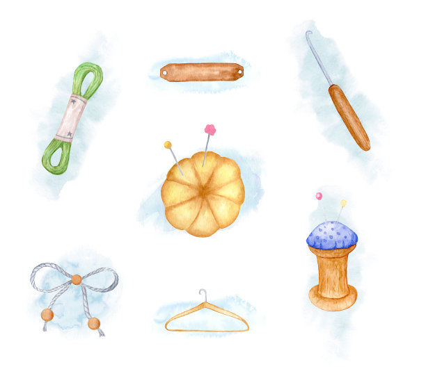 水彩图标集与缝纫和编织工具上的水彩斑点。为女裁缝、针织工、刺绣工设计。标签，贴纸，针织品。图片下载
