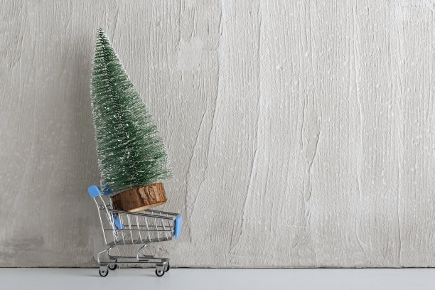 玩具购物车和小型人造圣诞树。买圣诞树。本空间图片下载