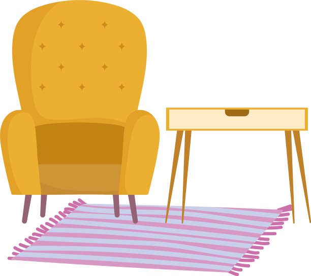 黄色的椅子，桌子和地毯家居室内图片下载