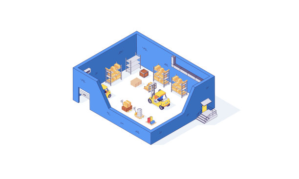等距仓库仓库箱包装托盘和叉车工厂。发货矢量图图片下载