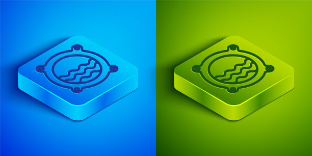 等距线船舶舷窗与铆钉和海景外的图标孤立在蓝色和绿色背景。方形按钮。向量图片下载