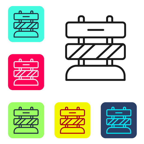 铁路轨道的尽头，图标孤立在白色背景上。停止的迹象。铁路缓冲端到目的地。设置图标的颜色方形按钮。向量图片下载