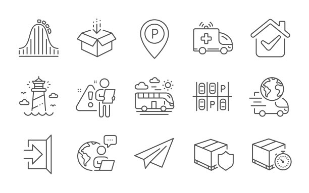 退出，灯塔和交付定时器图标设置。公共汽车旅行，送货服务和救护车标志。向量图片下载