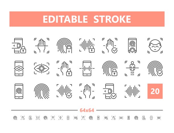 生物识别20行图标。直线风格的矢量插图。可编辑的描边，64x64, 256x256，完美像素。图片下载