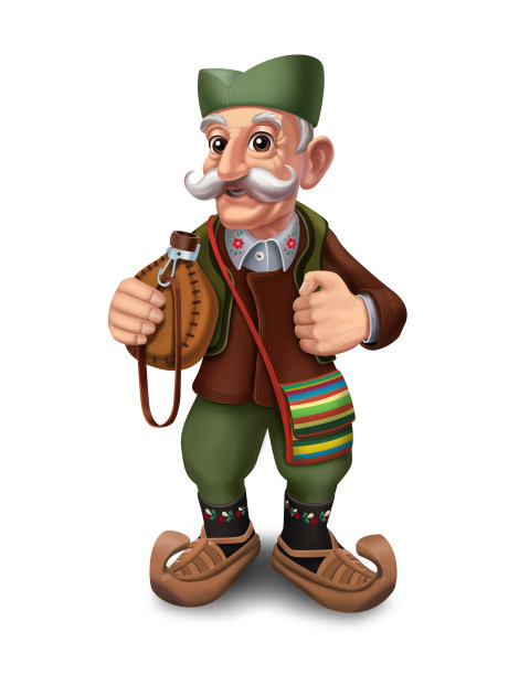 一个穿着塞尔维亚传统服装的老人的徒手插图。图片下载