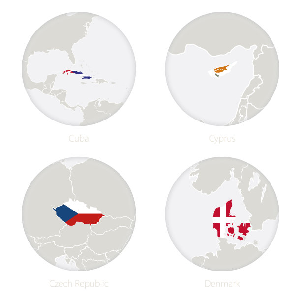 古巴、塞浦路斯、捷克共和国、丹麦地图等高线及国旗在一圈内。图片下载