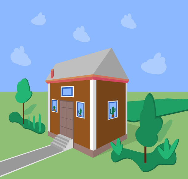 绿色背景上的房子。以自然为背景的带有蔬菜花园的农舍。平面插图，儿童画的乡村房子与树和云的透视。图片下载
